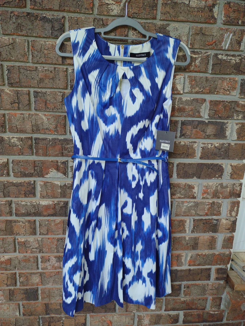 Ellen Tracy Fit&Flare Dress Sz 14 Shibori Pattern Blue/White Sleeveless Belt NWT